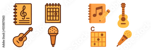 Music-themed illustrations featuring instruments, notebooks, and microphone in a playful design