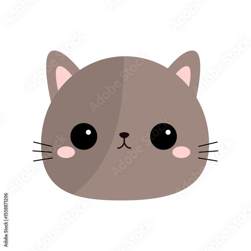 Cute gray cat face head round icon. Kawaii kitten, kitty. Cartoon funny baby character. Sad emotion. Sticker print. Flat design. White background. Isolated. Vector illustration