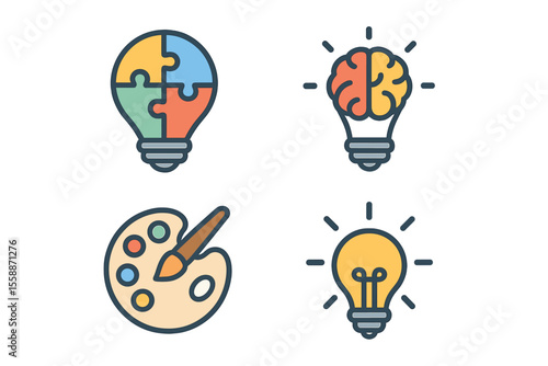 Creative ideas represented through light bulbs and symbols of innovation in a colorful design