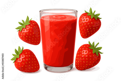 Fresh strawberry juice served in a glass with whole strawberries arranged nearby