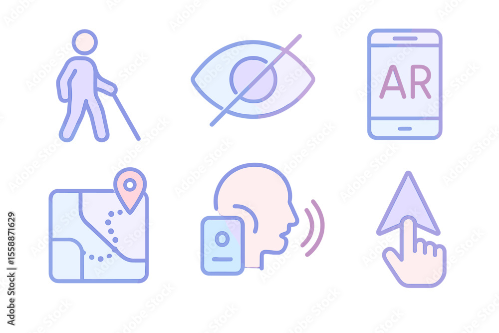 Icons representing accessibility features and technology for navigation, highlighting support for visually impaired individuals Icons representing accessibility features and technology for navigation, highlighting support for visually impaired individuals