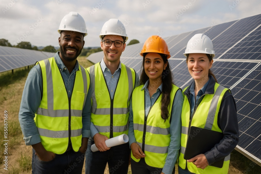 Four engineers wearing safety helmets and vests are smiling in front of solar panels in a solar power station Four engineers wearing safety helmets and vests are smiling in front of solar panels in a solar power station