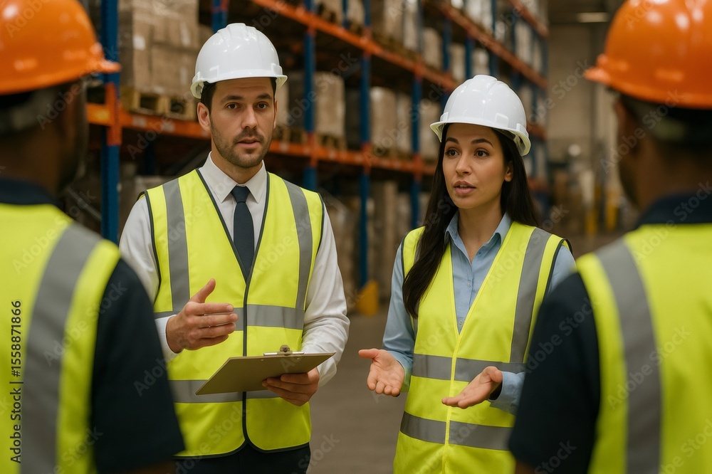 Warehouse managers holding a clipboard and briefing employees about safety procedures inside a warehouse Warehouse managers holding a clipboard and briefing employees about safety procedures inside a warehouse