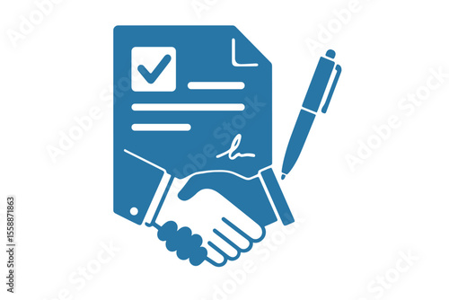 Agreement signing between two parties with a document and pen shown in a simple, flat design style