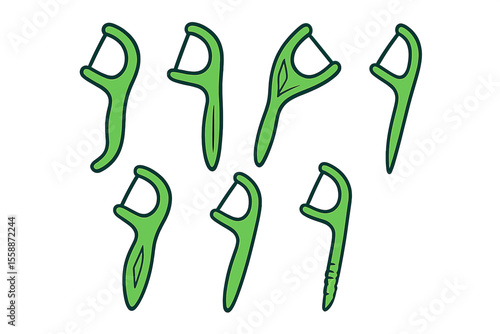 Collection of green dental flossers arranged in various positions for effective oral hygiene