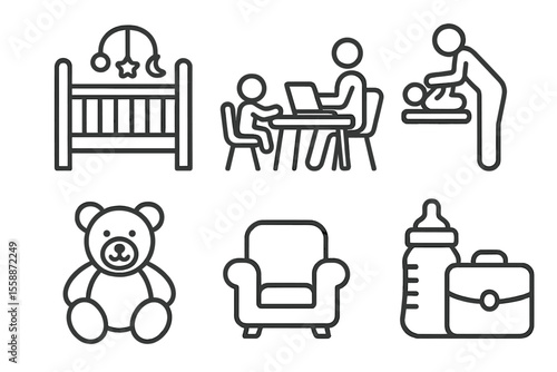 Multiple activities in a home setting showcasing parenting tasks and children's furniture