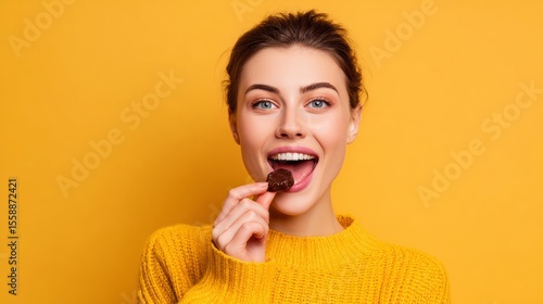 Amazing taste. Happy delighted woman smiling while wanting to eat delicious chocolate 