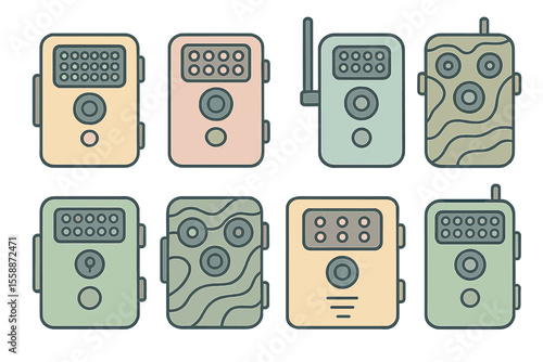 Collection of trail cameras displayed in various designs and colors for outdoor photography and wildlife monitoring