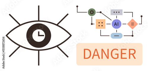 Eye with a clock symbolizes surveillance, diagram shows AI structure, and danger label highlights caution. Ideal for AI ethics, technology risks, cybersecurity, safety, monitoring, control systems