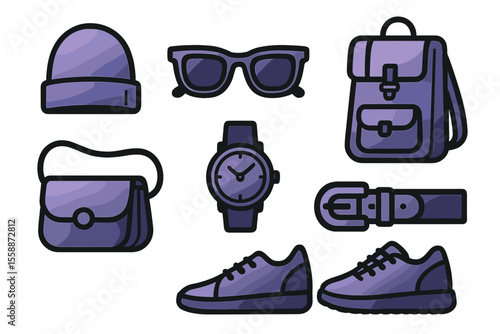 Fashion accessories in purple tones including sunglasses, a watch, and a backpack arranged stylishly against a white background