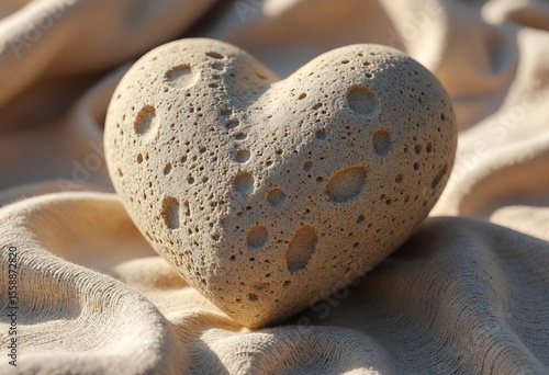 Stone heart shape, on linen light fabric, concept of love and pacification