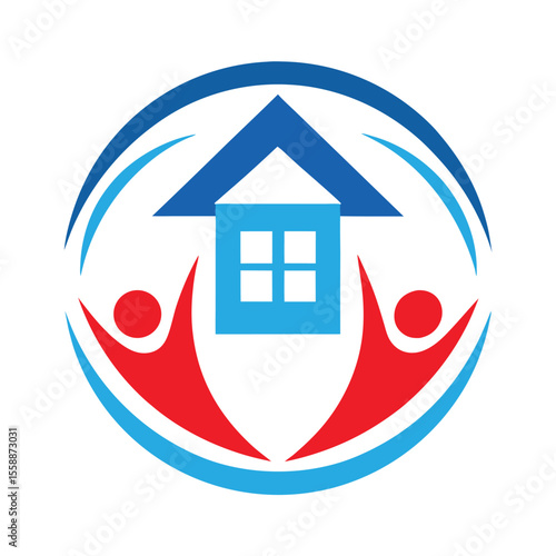 Blue house with red figures and blue arcs home people