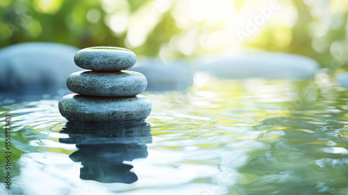Three stacked rocks in a serene water setting with a blurred green background.