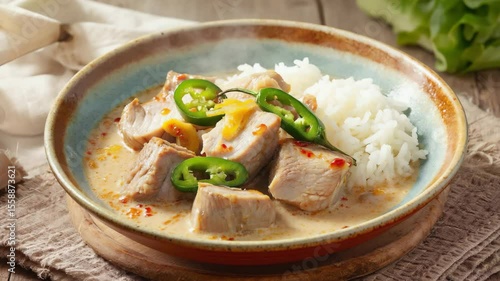 Bicol express, close-up of a spicy coconut pork stew with chili, served with rice, vibrant colors, and rich textures in a Filipino kitchen
