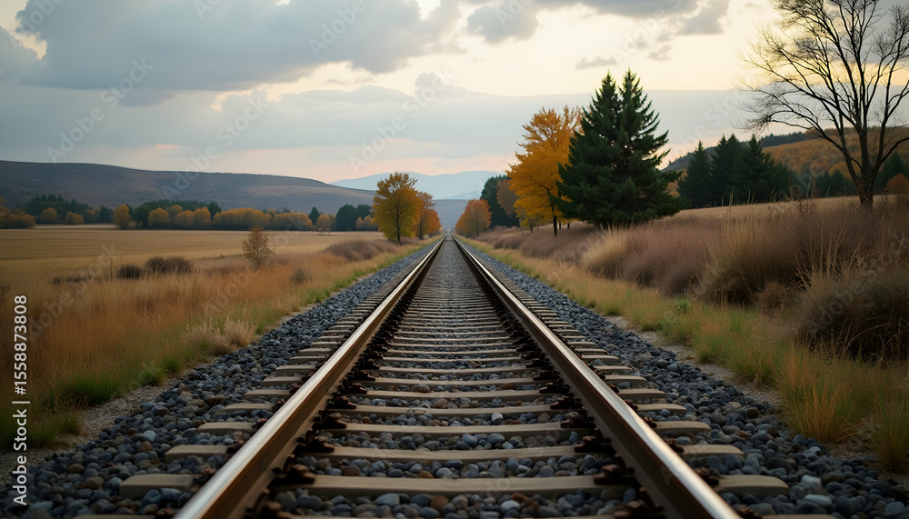 Fototapeta premium Railroad Tracks Leading Into the Distance Amidst Autumn Scenery