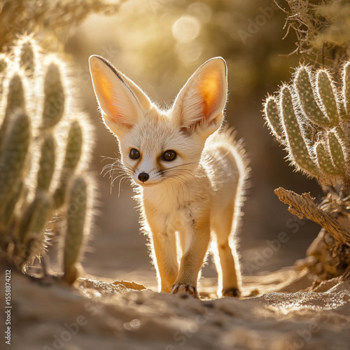 A fluffy fennec fox with luxurious ears walks in the desert among the plants.