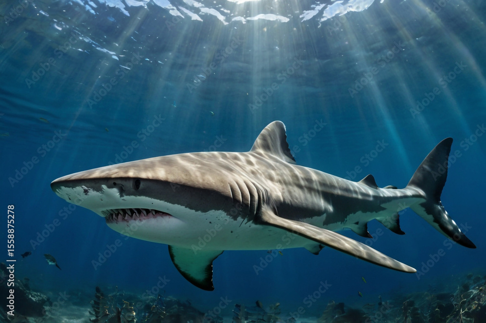Fototapeta premium Tiger shark swimming in clear blue ocean water underwater marine life
