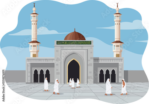 Muslim pilgrims in Ihram walking towards a grand mosque in Mecca, Saudi Arabia.
