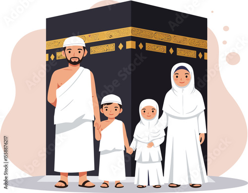 Happy Muslim family in Ihram clothing posing in front of the Kaaba for Umrah.