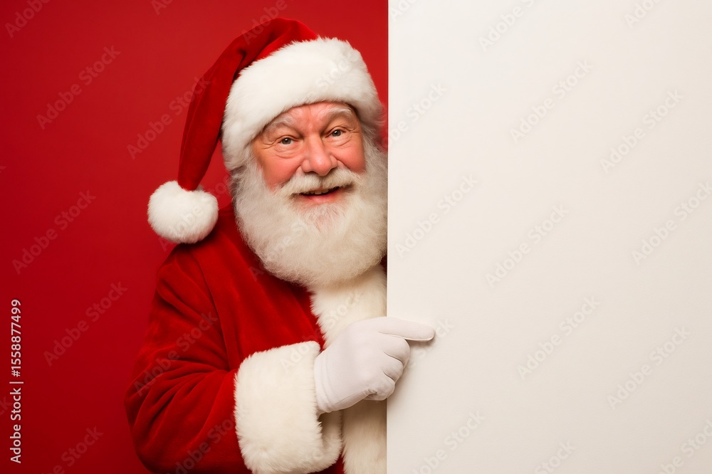 Naklejka premium Santa Claus pointing his finger at a blank billboard on a red background, Christmas advertisement concept