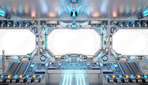 Fototapeta Naklejka Na Ścianę i Meble -  White spaceship with isolated cut out transparent window. Futuristic bright glossy interior with glowing lights