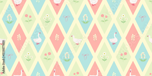 Cute seamless vector pattern with white geese, spring and summer flowers, and pastel diamond-shaped bows. Ideal for baby products, textiles, wallpaper, gift wrapping and nursery decor.