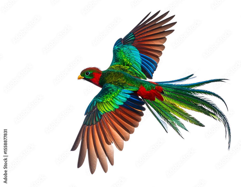 Fototapeta premium Flying Quetzal Bird from Above with Flowing Tail Feathers, isolated on transparent background PNG