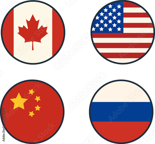 Flat Icon Set of Country Flags on Circular Background – Canada, USA, China, Russia