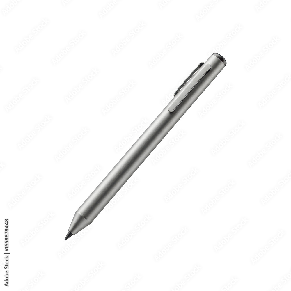 Modern, sleek brushed aluminum stylus pen with a dark tip, tapered body, isolated against a seamless plain white background with soft studio lighting, showcasing its ergonomic design. Concept of Modern, sleek brushed aluminum stylus pen with a dark tip, tapered body, isolated against a seamless plain white background with soft studio lighting, showcasing its ergonomic design. Concept of
