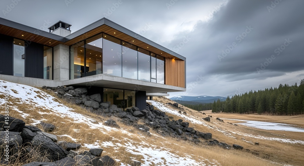 Obraz premium Ultra photorealistic modern mountain shelter house on a steep slope with panoramic windows, cantilever structure, concrete, black steel, dark wood, autumn, storm clouds, cinematic light