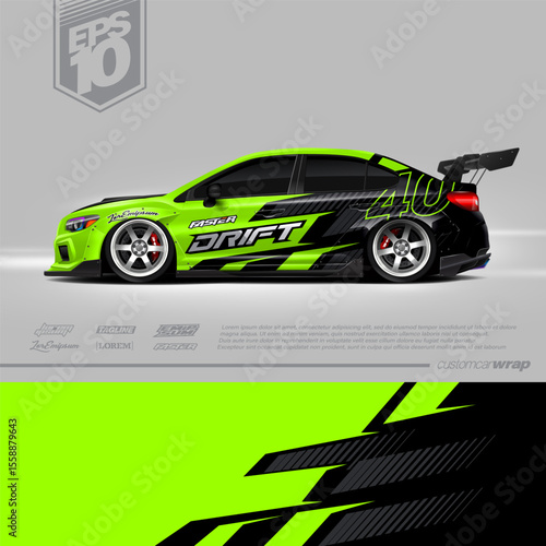 Racing car wrap design vector. Graphic abstract stripe racing background kit designs for wrap vehicle, race car, rally, adventure and livery. Full vector eps 10	
