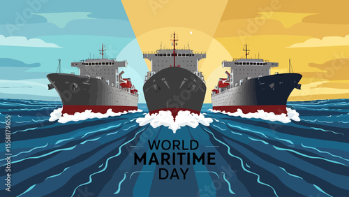 Modern Flat Vector Poster of World Maritime Day with Ship and Sea Elements