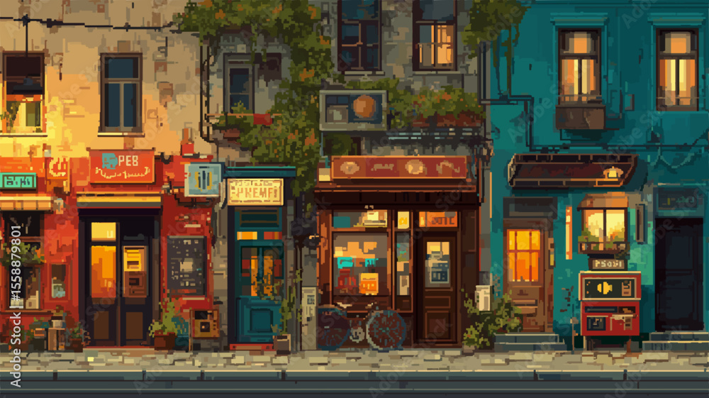 Fototapeta premium Pixel Art Wallpaper of a Looping Street with Shops from Different Time Periods and a Gradual Shift from Morning to Night