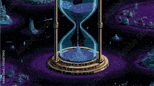 Pixel Art Seamless Wallpaper of a Giant Hourglass in Space with Tiny Pixel Universes Falling Through Sand in a Glowing Cosmic Void