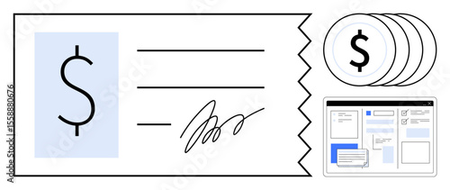 Check with dollar sign and signature, stacked coins, and digital interface for payment process. Ideal for banking, finance, accounting, online transactions, money management, financial planning