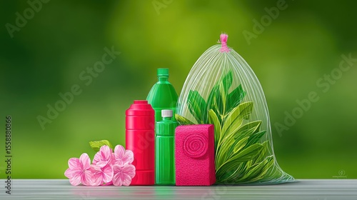 Protecting Wildlife Through Trash Collection: Green and Pink Plastic Bottles, Plants, and a Bag on a Table