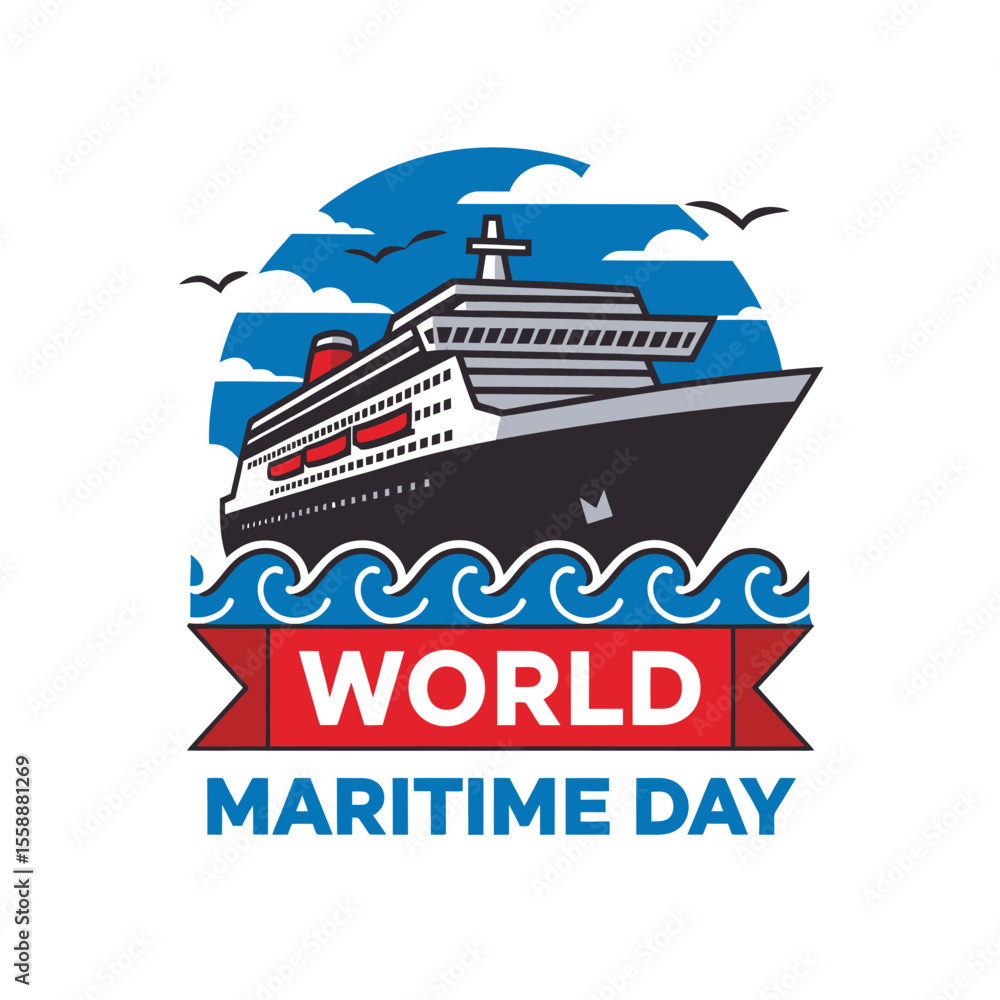 Fototapeta premium Modern Flat Vector Poster of World Maritime Day with Ship and Sea Elements