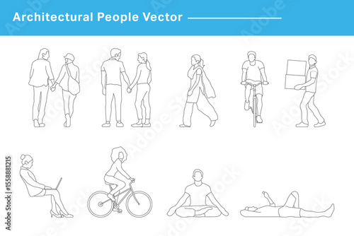 CAD Drawing. Vector illustration of men, women, standing walking talking in front back and side view. Symbol for architecture and landscape design drawing.	