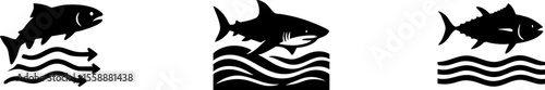 Three black fish silhouettes swimming in water, each with different wave patterns beneath them.