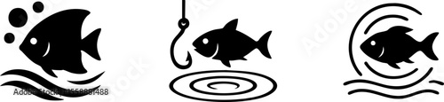 Three black fish icons: swimming, fishing with a hook, and emitting sonar waves.