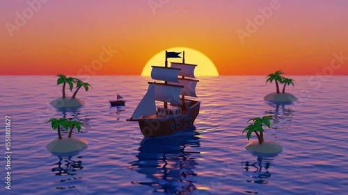 Wallpaper Mural 3d render cartoon plastic textured aerial view of an ship on a ocean with sunset Torontodigital.ca