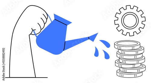 Hand holding watering can pouring water onto coins with gear, representing nurturing wealth, growth, and investment. Ideal for finance, business, productivity, economy, innovation development