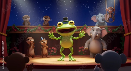 Animated Dance Performance Video of Frogs on a grand stage and watched with other animals.
