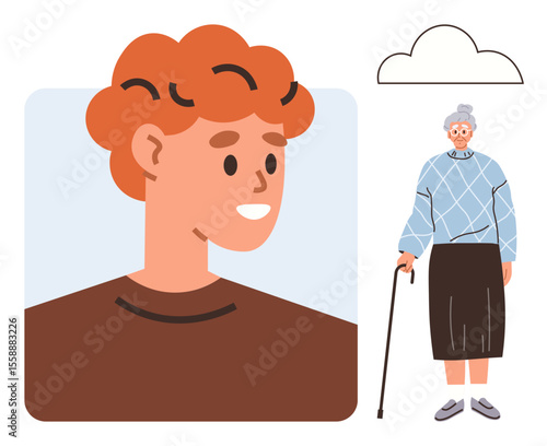 Red-haired boy smiling in profile next to elderly woman wearing a sweater and holding a cane. Ideal for family, age diversity, generational gap, caregiving, youth, aging, community. Simple flat