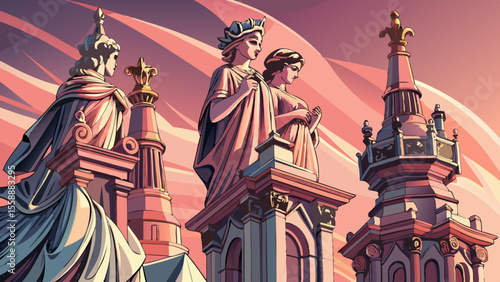 Detail of delicate spires and marble statues reaching into a soft pink sky. Light brushes the carvings, revealing centuries of craftsmanship in gentle shadow.