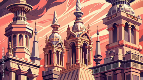 Detail of delicate spires and marble statues reaching into a soft pink sky. Light brushes the carvings, revealing centuries of craftsmanship in gentle shadow.