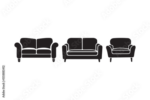 Classic black silhouette of a three piece sofa set with armchair