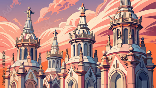 Detail of delicate spires and marble statues reaching into a soft pink sky. Light brushes the carvings, revealing centuries of craftsmanship in gentle shadow.