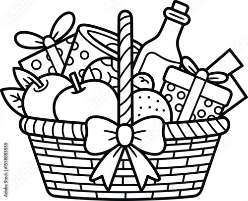 Gift Basket Line Art, Food Hamper Outline Clipart with Bow and Groceries.