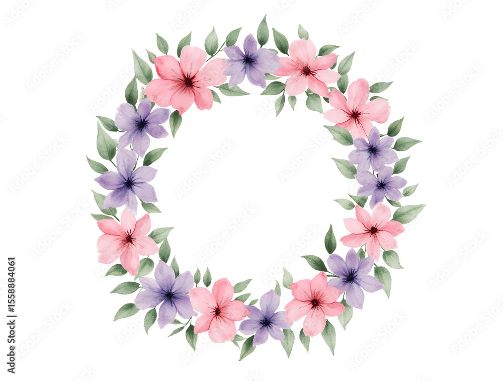Floral wreath design featuring pink and purple flowers with green leaves suitable for decoration and crafting projects Floral wreath design featuring pink and purple flowers with green leaves suitable for decoration and crafting projects